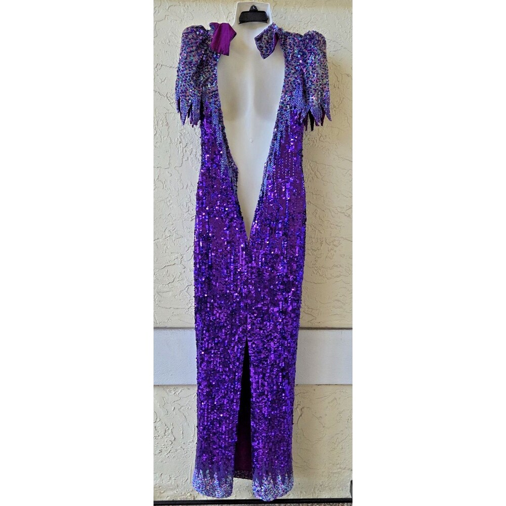 RARE CACHE Vtg 80s Purple Silk Sequin Gown Dress 10 Pageant Dynasty Angel Winged - Picture 4 of 16